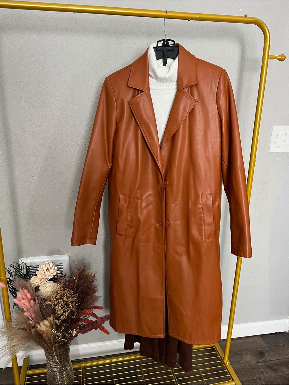 Forever 21 women’s Tan Leather-Look Trench Coat
